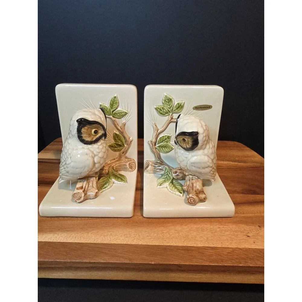 Vintage Owl Log Branch Leaf Bookends Otagiri OMC Japan EUC